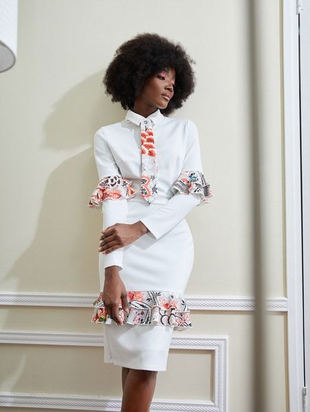 

x shimaa sabry contrast floral ruffle trim dress with tie g5gn#, Black;gray