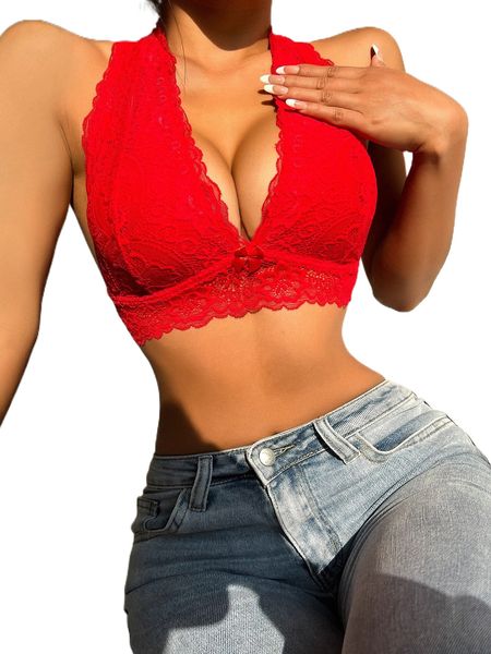 

floral lace halter bra z9bu#, Black;red