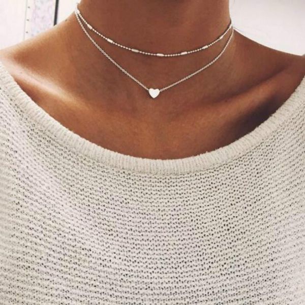 

chokers simple heart two layers choker necklaces for women multi beads chocker collar ras du cou collier femme minimalist jewelry, Golden;silver