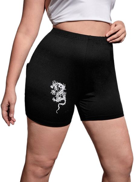 

plus chinese dragon & letter graphic biker shorts i1cs#, Black