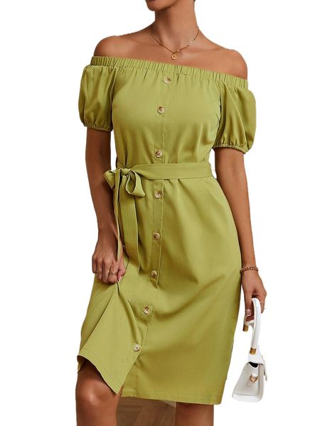 

off shoulder puff sleeve belted dress o0eh#, Black;gray