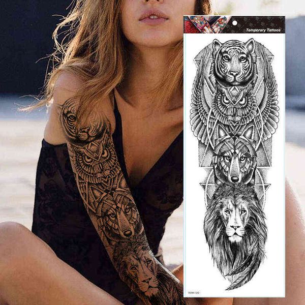 NXY Geçici Dövme Büyük Kol Kollu Kaplan Kafatası Baykuş Su Geçirmez Tatto Sticker Tilki Aslan Vücut Sanatı Tam Sahte Dövme Kadın Erkek 0330