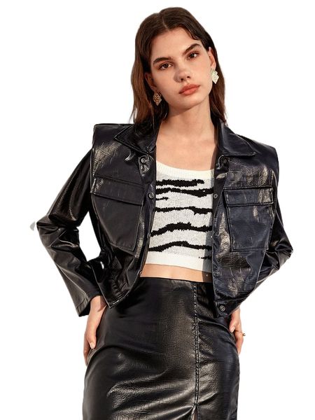 

flap pocket pu leather crop jacket r5eh#, Black;brown
