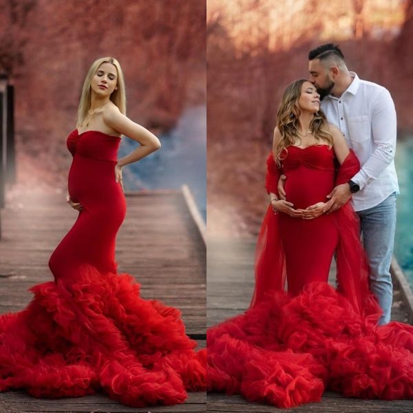 Vestidos de baile vermelhos sereia para mulheres, vestidos de noite com babados, coração, sessão de fotos, roupões de maternidade