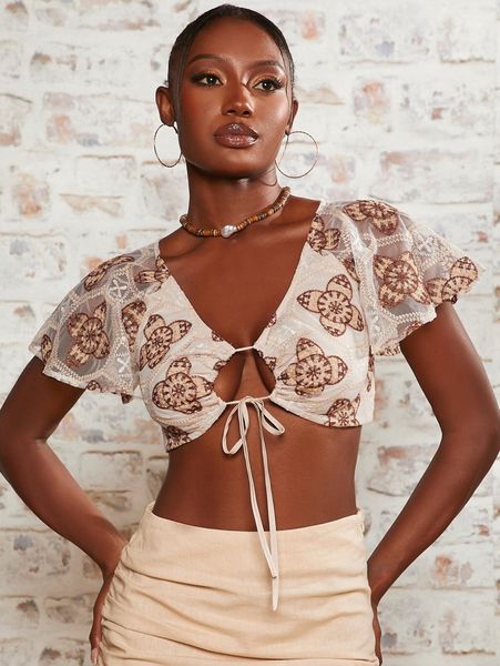 

floral embroidery butterfly sleeve knot front crop r7bd#, White