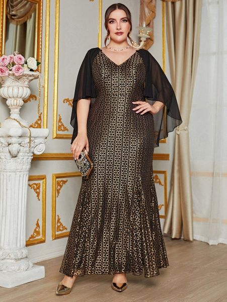 

plus gold polka dot print contrast mesh mermaid hem prom dress v5ex#, Black