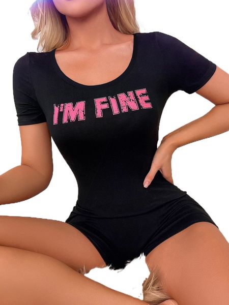 

slogan graphic scoop neck romper h6xy#, Black;red