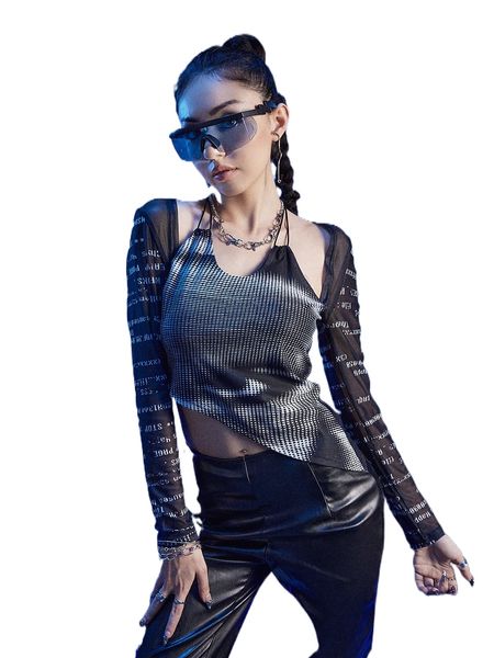 

romwe cyber luvr 2 in 1 letter eye graphic mesh w4gh#, White