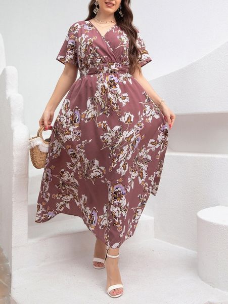 

plus floral print shirred waist overlap collar dress v2aj#, Black