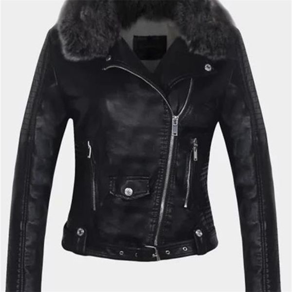 Ftlzz Women Winter Faux Leather Cashet Shamer grande colarinho de pele Lady Motorcycle Pu Faux Couro macio branco preto rosa casaco 220815