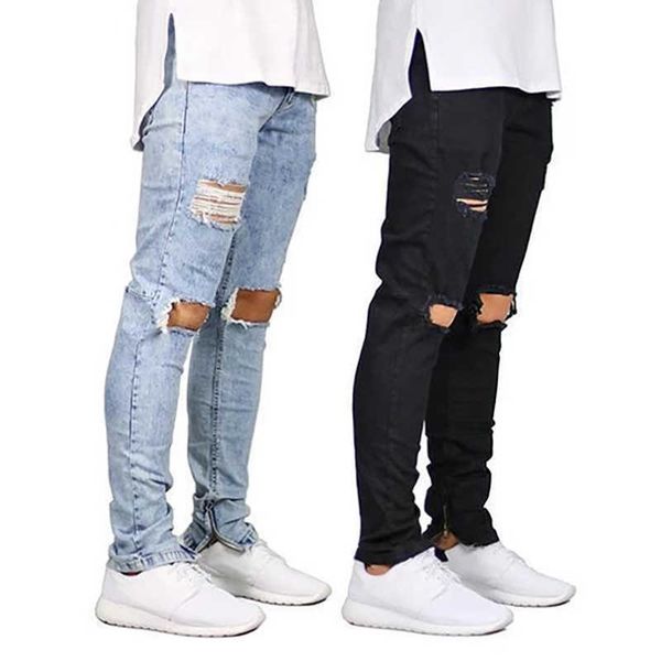 

hole mens distrress jeans famous mens long straight fit jeans casual denim washed denim jeans trousers, Blue