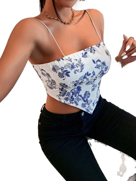 

floral print hanky hem cami 84oj#, White