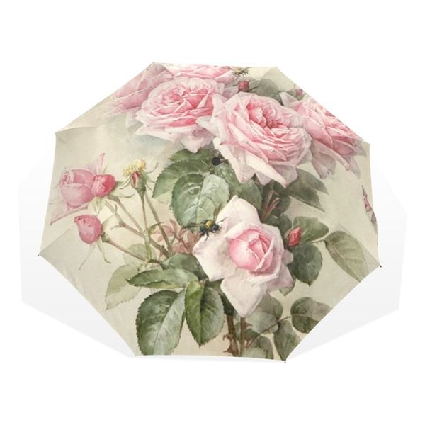 Vintage schäbige Blumendruck Frauen Regen Regenwell Chic Rose drei faltbare Mädchen Langlebiger tragbarer automatischer Parapluie 220426