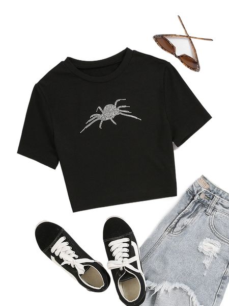 

spider rhinestone crop tee p9zq#, White