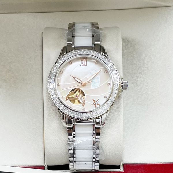 

fashion women's watch 34mm 316 stainless steel case ceramic belt mechanical movement sapphire crystal mirror anti-scratch diamond desig, Slivery;brown