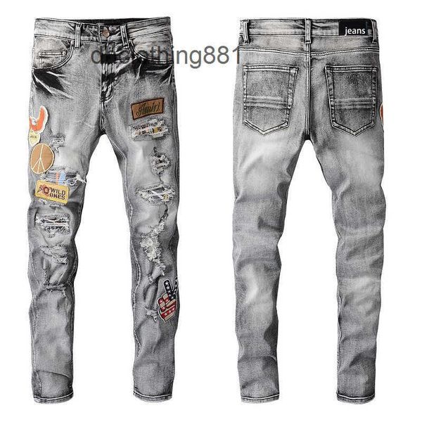 

european and american designer men jeans pants trend amirs high street fashion brand embroidered jeans knee hole leggings 693, Blue