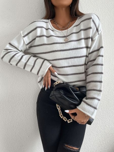 

stripe pattern drop shoulder sweater r93a#, White;black