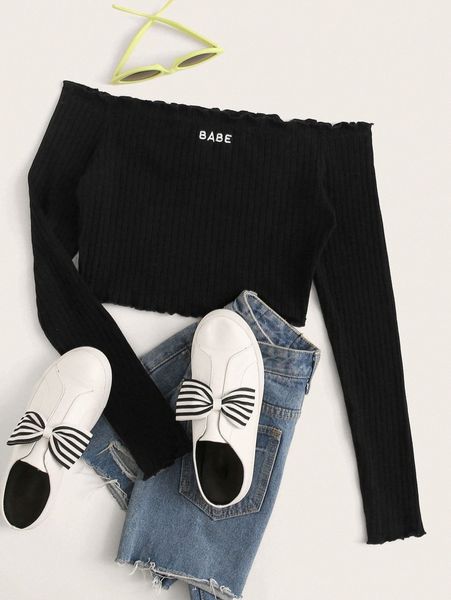 

off shoulder lettuce trim letter embroidery t5ir#, White