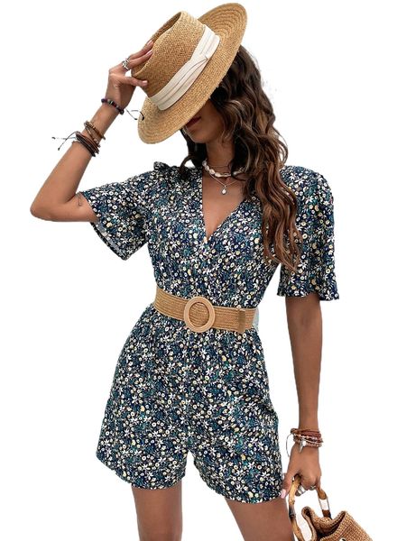 

d.itsy f.loral p.uff s.leeve romper without belt q2l8#, Black;white