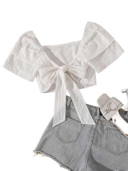 

layered sleeve tie front k77p#, White