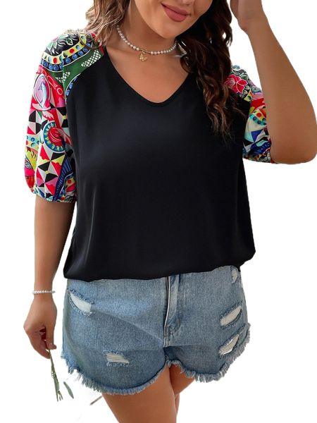

plus geo print v neck blouse 15e5#, Black