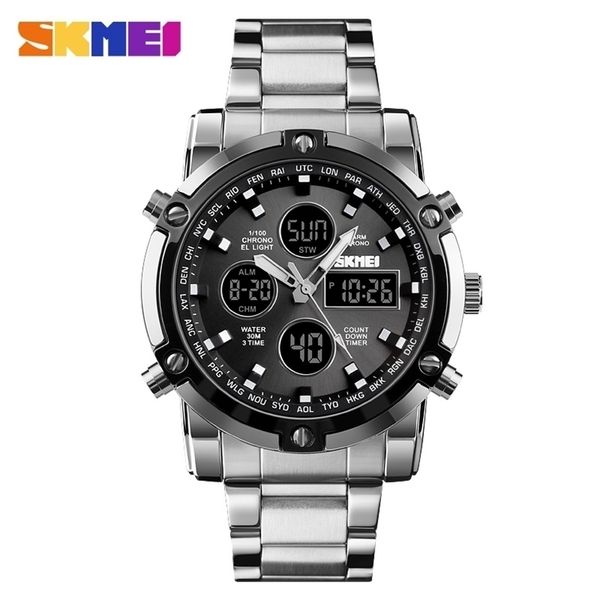 

fashion men's wristwatch skmei watch sport digital bracelet 3 time countdown mens clock stainless steel watches male business 220407, Slivery;brown