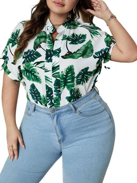 

plus tropical print batwing sleeve blouse w08w#, Black