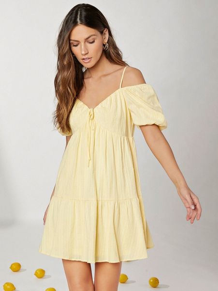 

cold shoulder tie front smock dress e5b9#, Black;gray