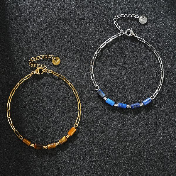 

fashion jewelry waterproof 18k gold plating clip chain tiger eye lapis head beaded stainless steel bracelet, Golden;silver