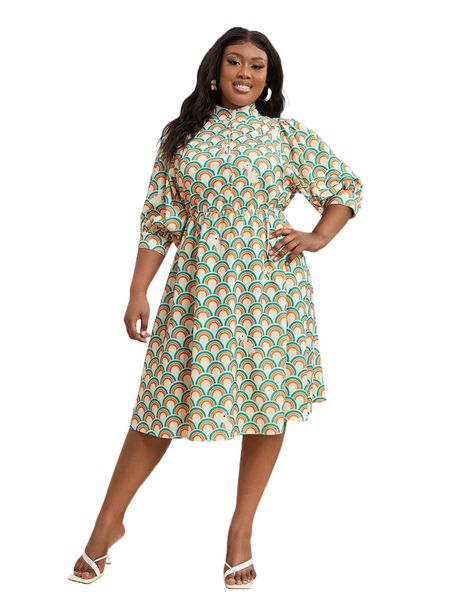 

x kymmadoodles plus fish scale & cartoon graphic bishop sleeve shirt dress y6mm#, Black