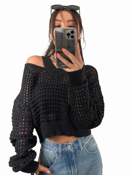 

dazy cold shoulder open knit sweater without tube u3se#, White;black