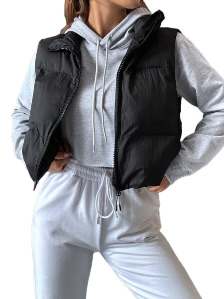 

zip front crop vest puffer coat a9mb#, Black