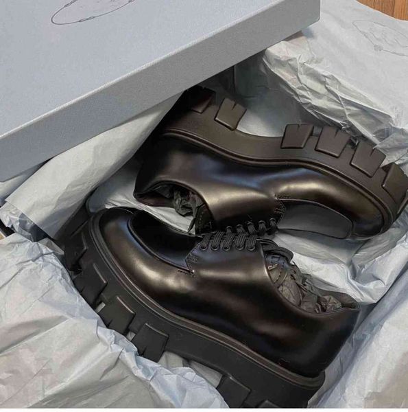 

luxury designer monolith brushed leather sneakers shoes lace-up women loafers chunky rubber lug sole platfrom walking party wedding, Black