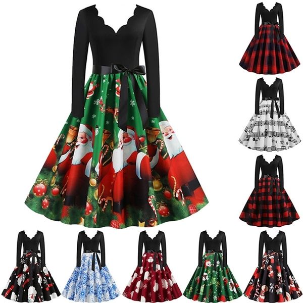 Vestido de Natal Mulheres Inverno de Manga Longa V Pescoço Elegante Vintage Papai Noel Imprimir Outfits Partido de Xmas Black Grande Balanço Plus Tamanho 220418