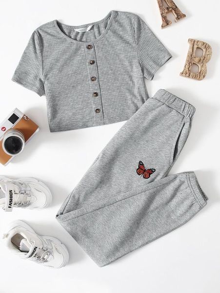 

girls button up tee and slant pocket joggers set she, White