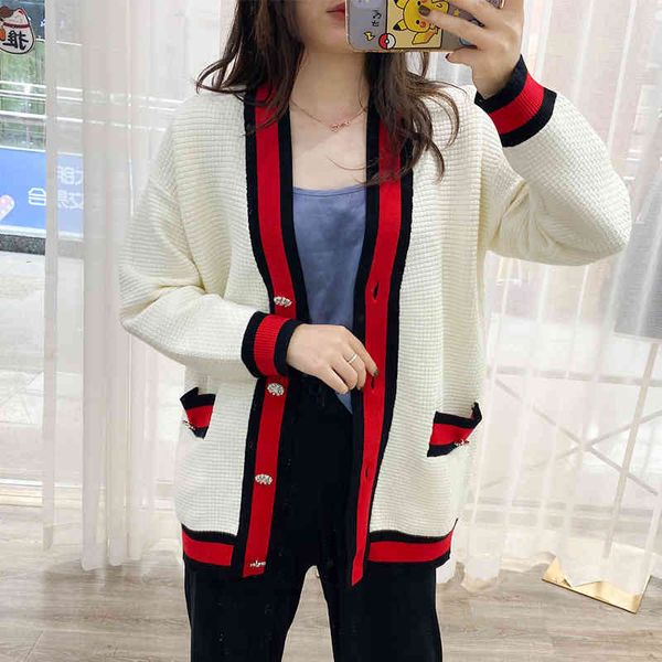 

women's sweaters autumn color contrast sweater loose v-neck cardigan sweater jacket fashion ijhd, White;black