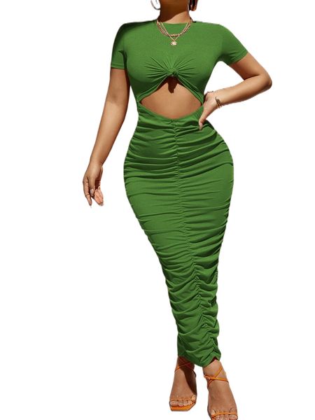 

sxy cut out knot front ruched bodycon dress a298#, Black;gray