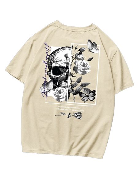 

romwe guys letter skull & floral graphic tee w6un#, White;black