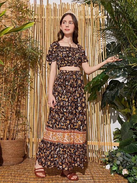 

teen girls floral print puff sleeve & skirt she, White
