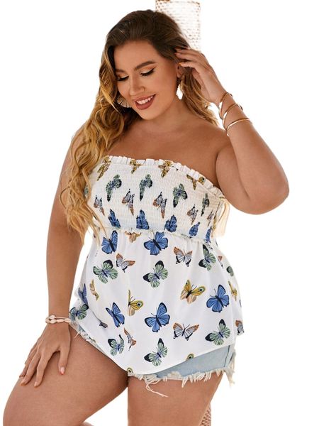 

plus butterfly print frill trim shirred tube y97r#, Black