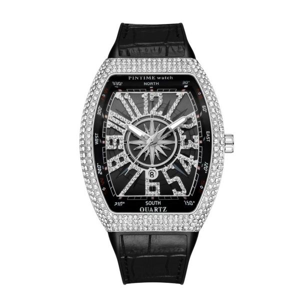 Нарученные часы мужская ватч модная мода Tonneau Design Analog Quartz Watch Iced Out Diamond Sport Watches с Auto DateWristwat