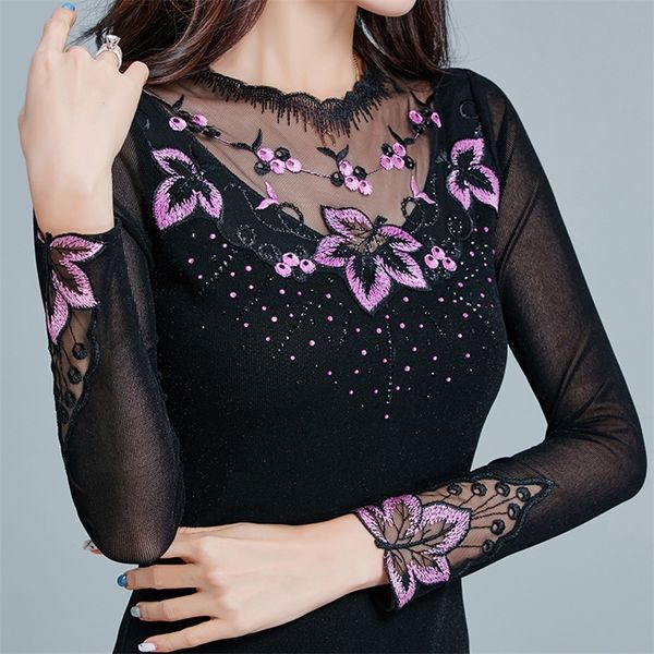 

women blouse shirt new 2019 fashion casual long sleeve hollow out mesh elegant embroidery blouse women t200321, White