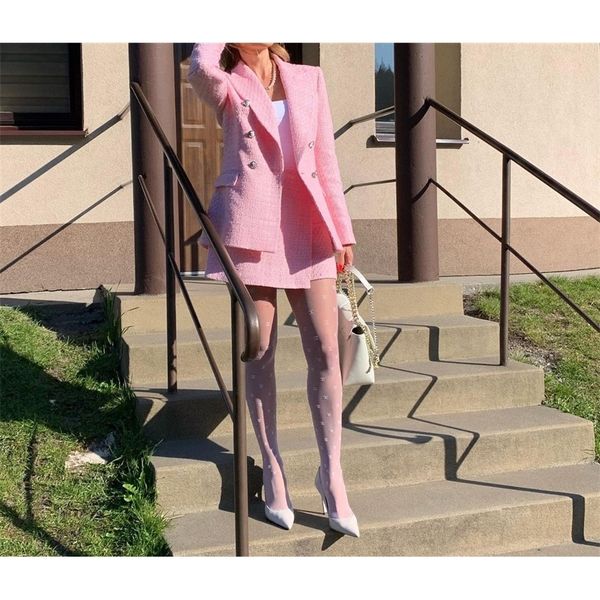 

xeasy women two-piece set pink tweed vintage office lady double breasted blazer female slim high waist culottes skirt suit 220506, White