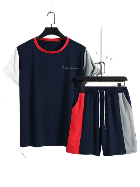 

men letter graphic colorblock tee & shorts r6z6#, Gray