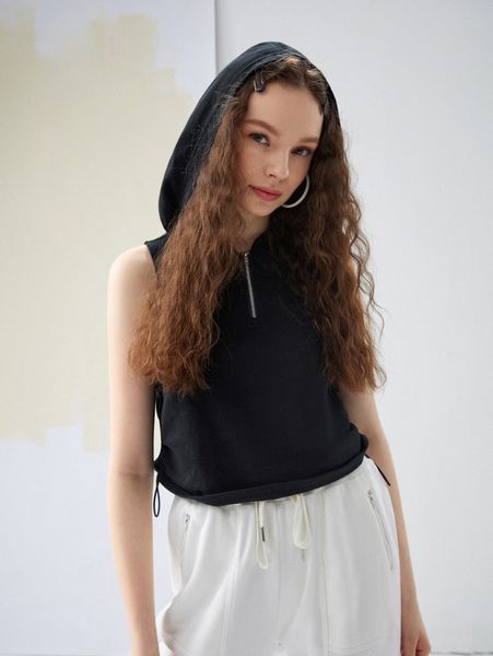 

x vin56 drawstring side hooded sweatshirt h48o#, Black