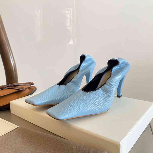 

dress shoes spring and summer style square head witch high heels wrinkled elastic thin heel muller personalized shallow mouth grandma shoes, Black