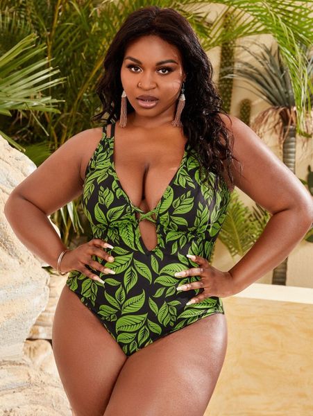 

plus leaf pattern one piece swimsuit l5ry#, White;black