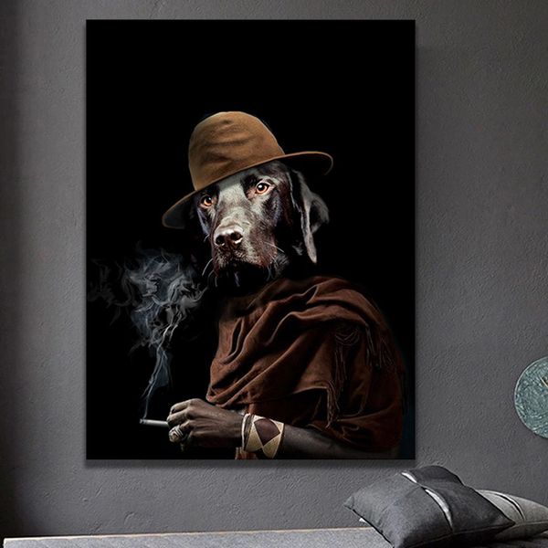 Funny Dog In A Hat Smoking Vintage Modern Canvas Painting Poster and Prints Wall Art Picture for Living Room Home Decor Cuadros