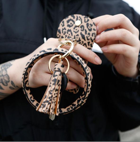 

wholesales k68168jm mini portable money clips bracelet keychain animal print leopard print pu leather tassel coin purse card holder, Black