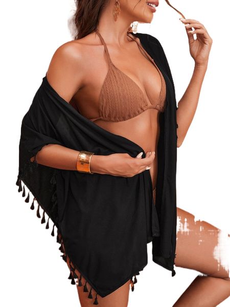

tassel trim tie front dolman sleeve kimono k9z5#, White;black